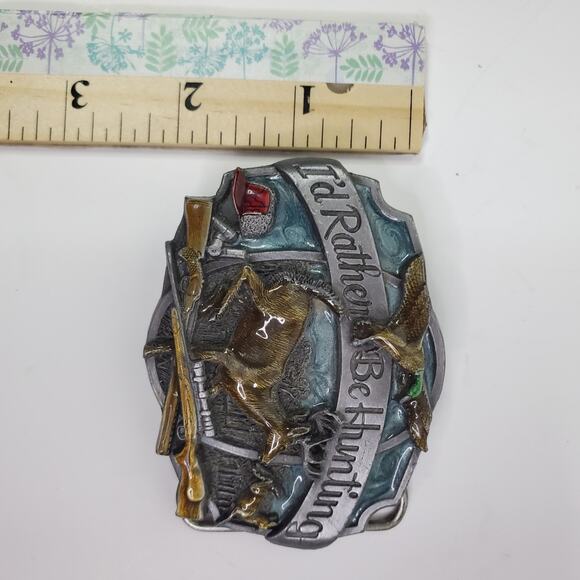 Vtg Siskiyou Belt Buckle I'd Rather Be Hunting Deer Buck Duck Rifle Guns 1987 3" - Picture 11 of 12